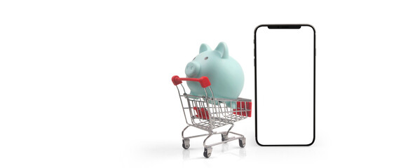 smartphone with shopping cart and a Piggy bank