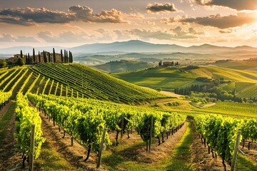 Fototapeta premium A scenic view of a Tuscan vineyard with rolling hills, a farmhouse in the distance, and a beautiful sunset. Generative AI