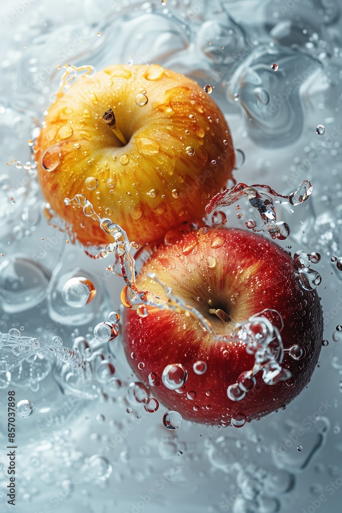 Poster red and yellow apples submerged in water with splashing bubbles