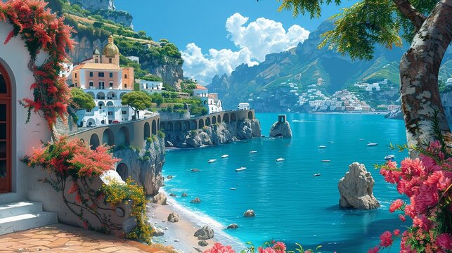 The breathtaking beauty of the Amalfi Coast, with colorful cliffside villages clinging to rugged slopes overlooking the azure waters of the Mediterranean Sea, offering stunning views at every turn.