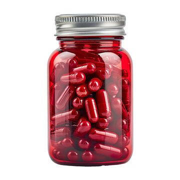 Front view of many red acetaminophen pills in a pill jar isolated on a white transparent background