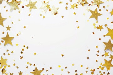 Golden glitter stars scattered on a white background with copyspace, flat lay top view design for festive and celebratory wallpaper, invitation, poster, card