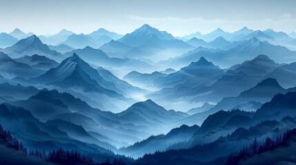 Fototapeta premium Majestic mountains shrouded in mist, their peaks reaching towards the sky, offering a sense of awe and wonder, perfect for conveying a sense of grandeur and adventure. Illustration, Minimalism,