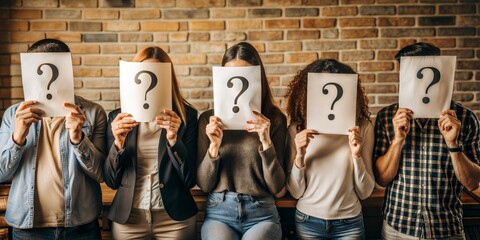 young people holding paper with question marks