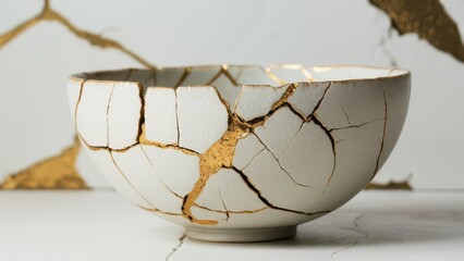 A high-quality photograph of a cracked ceramic bowl repaired with the Japanese art of Kintsugi, where the cracks are filled with gold, highlighting beauty in imperfection.