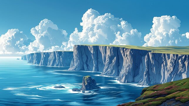 Dramatic coastlines sculpted by the relentless power of the ocean, cliffs rising dramatically from the tumultuous waves below, a dynamic and striking setting for any project. Illustration, Minimalism,