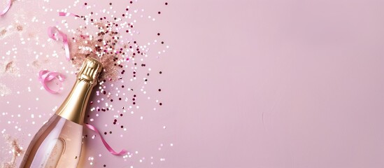 Champagne bottle with pink gold confetti on a pink pastel background with copyspace, banner for weddings, bachelorette parties, gender reveal, birthday
