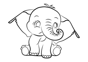 sitting Cute happy baby elephant & kawai line art for comics or children or kid drawing or colouring book.