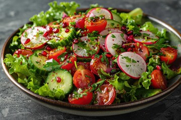 A fresh vegetable salad with lettuce, cherry tomatoes, cucumbers, radishes, and a light vinaigrette dressing, garnished with herbs. 