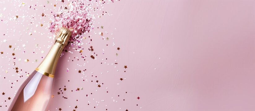 Champagne bottle with pink gold confetti on a pink pastel background with copyspace, banner for weddings, bachelorette parties, gender reveal, birthday