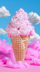 Pink soft serve ice cream with sprinkles on a waffle cone surrounded by pink cotton candy clouds under a bright blue sky. A whimsical and dreamy concept.