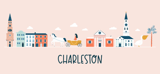 Naklejka premium Charleston hand drawn poster, decoration with famous symbols and landmarks of city