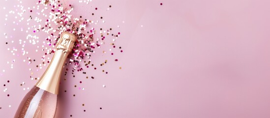 Champagne bottle with pink gold confetti on a pink pastel background with copyspace, banner for weddings, bachelorette parties, gender reveal, birthday