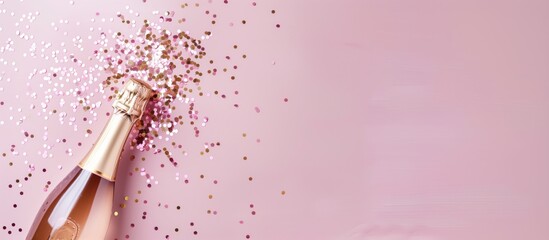 Champagne bottle with pink gold confetti on a pink pastel background with copyspace, banner for weddings, bachelorette parties, gender reveal, birthday