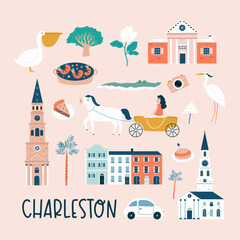 Obraz premium Charleston hand drawn poster, decoration with famous symbols and landmarks of city