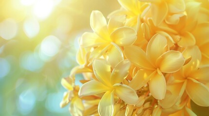 Obraz premium golden champa flowers bouquet under bright sun shine, close up of yellow flower