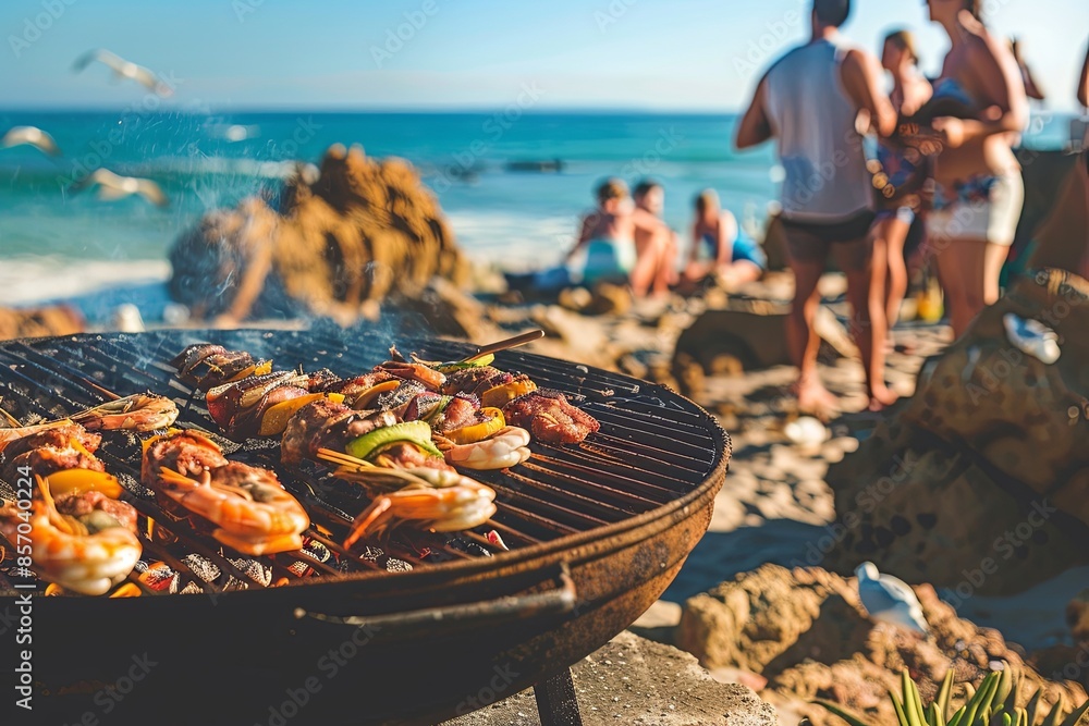 Poster Coastal Cuisine: Overlooking the ocean, a group of friends savors grilled delights on a sun-soaked beach.