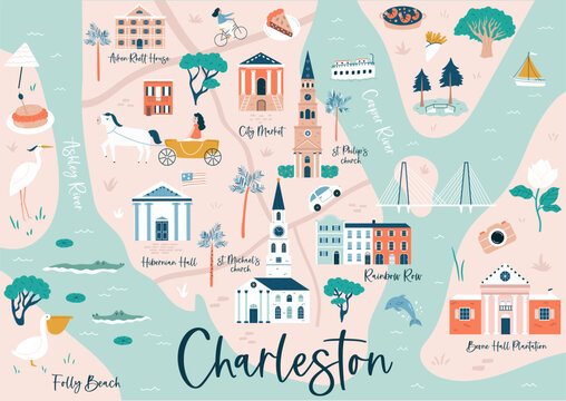 Hand drawn vector map of Charleston, South Carolina, USA with famous landmarks and symbols.
