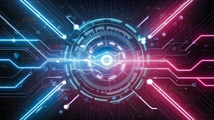 Futuristic Digital Interface with Neon Circuitry and Glowing Elements. Abstract futuristic technology background with glowing digital elements and circuit lines.