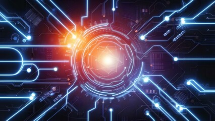 Fototapeta premium Futuristic Digital Interface with Neon Circuitry and Glowing Elements. Abstract futuristic technology background with glowing digital elements and circuit lines.