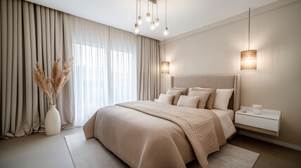 Fototapeta premium Interior of a bedroom in light tones with a bed decorated with pillows, long curtains, and several lamps. A vase with dry flowers is placed on the window. 