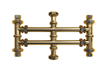 Golden brass pipe fitting with bolts and nuts for plumbing or mechanical use, isolated on transparent background.