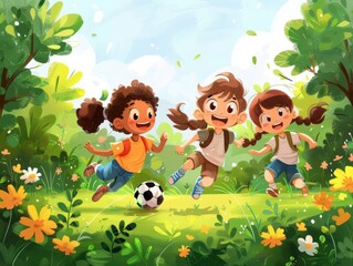 Vector art of a group of kids playing soccer in a park, colorful and lively.
