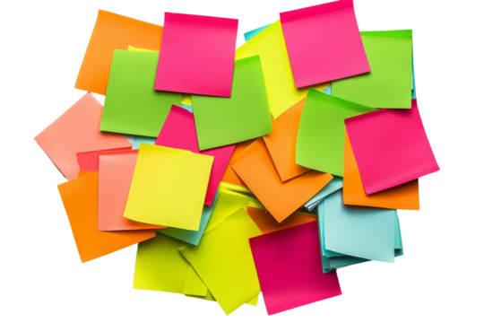 A vibrant pile of colorful sticky notes in various shapes and sizes, perfect for office or organizational purposes. Ideal for creative projects.