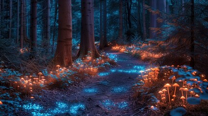 Naklejka premium A bioluminescent flower blooming in a dark cave, ethereal glow illuminating the surrounding rocks and showcasing a fantastical botanical wonder