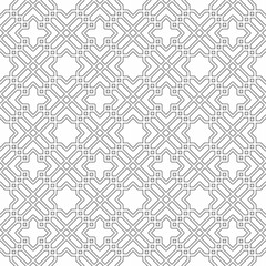 Seamless arabic linear pattern with islamic ornamentals on white background. Versatile design for various creative projects, suitable for Islamic decorative arts.