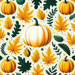 Seamless pattern of autumn pumpkins and leaves. Multicolored autumn harvest in yellow and orange colors.
