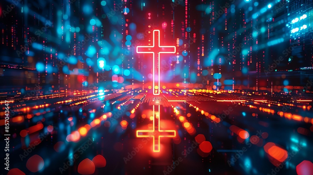 Poster futuristic digital cross with neon lights in a virtual matrix. concept of technology and spiritualit