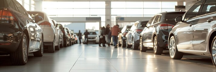 A wide-angle view of a dealership showroom showcasing a row of preowned cars with customers browsing