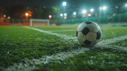 Fototapeta premium Soccer ball in stadium. Soccer ball placed on stadium, arena playing field.