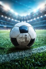 Fototapeta premium Soccer ball in stadium. Soccer ball placed on stadium, arena playing field.