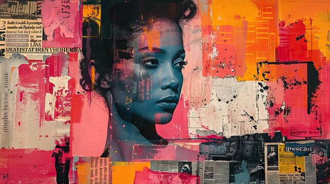 emphasizing a collage of vintage magazines,text, and advertisements, integrate diverse textures and collors, creating a visually complex and vibrant repretasion 4 AI Generative