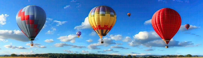Fototapeta premium Colorful hot air balloons in the sky, copy space, August adventures, vibrant, manipulation backdrop rural landscape