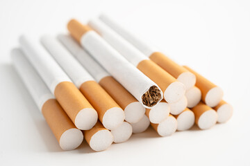Cigarette on US dollar banknotes, cost, trading, marketing and production, No smoking, import export concept.