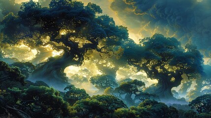 Fototapeta premium Mystical groves blanketed in ethereal mist, where ancient trees stand sentinel, their gnarled roots delving deep into the earth, a realm where fantasy and reality intertwine. Illustration, Minimalism,