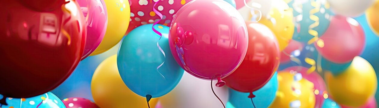 Birthday banner with balloons, close up, festive decoration, realistic, fusion backdrop backyard