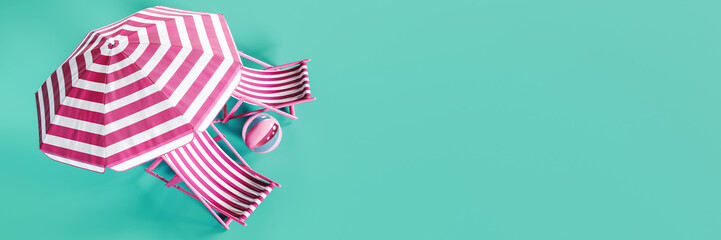 Summer vacation concept background with copy space. Two beach chair with umbrella on turquoise blue...