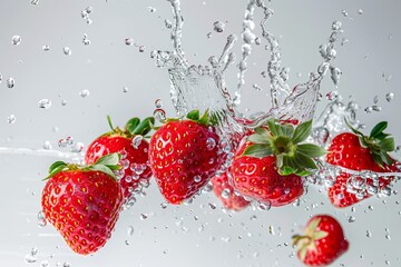 strawberries in flight fall into water, splashes of water, white background, food levitation
