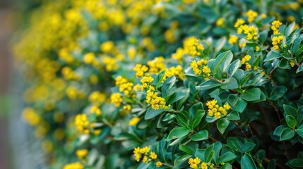 Obraz premium Ornamental and Protective Hedge Wintergreen Barberry Shrub with Yellow Spring Flowers