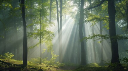 Serene forest clearing bathed in sunlight, bordered by tall, sturdy trees. Sunlit forest clearing with lush green grass and trees.