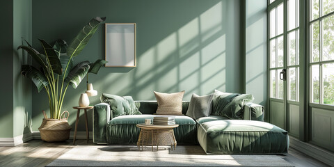 3D rendering of a modern Scandinavian interior mock-up featuring a green color scheme