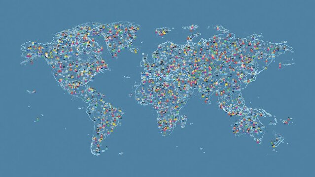 People Online on the World Map. Friends and Colleagues in a Digital Social Environment. Tech Blue Background. Looped video.
