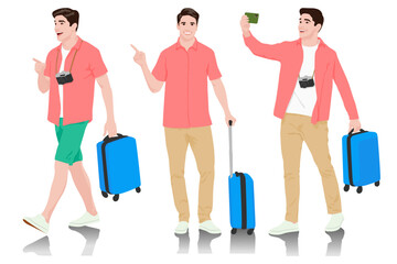 Young man tourist with camera and smartphone. Male in casual clothes with a suitcase, passport, and tickets. Young male traveler goes on a journey. Vector illustration set isolated on white