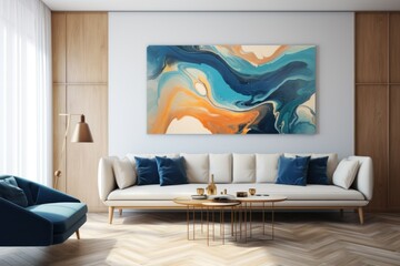 Interior design of modern living room. Comfortable sofa, coffee table, and contemporary art on the wall in scandinavian style apartment.