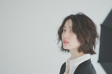 Captivating Gravure Idol Engaged in Collaborative Photo Review Process in Minimalist Studio Setting