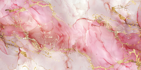 An abstract artwork resembling watercolor or alcohol ink, featuring a soft pink and white background with shimmering golden cracks